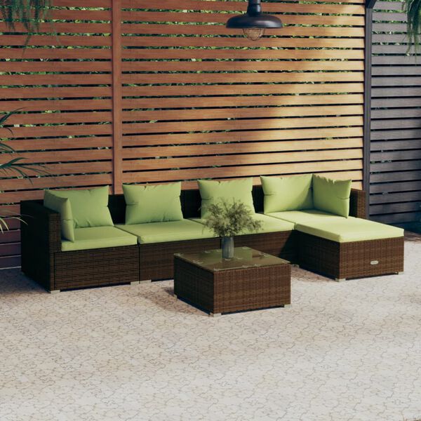 vidaXL 6 pcs conjunto lounge jardim c/ almofad&otilde;es vime PE castanho