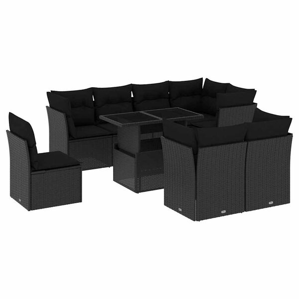 vidaXL 9 pcs conjunto de sof&aacute;s p/ jardim c/ almofad&otilde;es vime PE preto