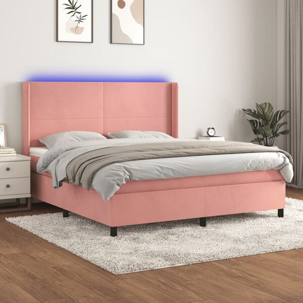 vidaXL Cama box spring c/ colch&atilde;o/LED 160x200 cm veludo rosa
