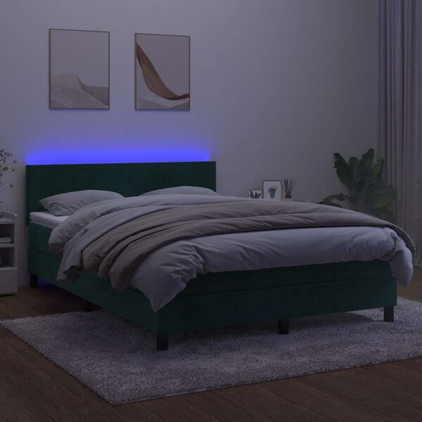 vidaXL Cama box spring c/ colch&atilde;o/LED 140x200 cm veludo verde-escuro