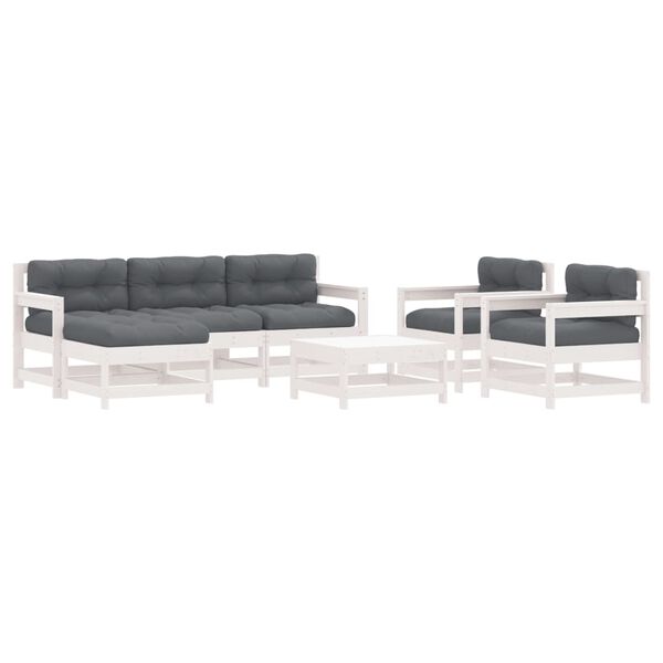 vidaXL 7pcs conjunto lounge jardim c/ almofadões madeira maciça branco