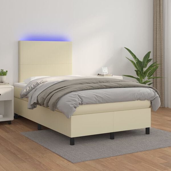 vidaXL Cama box spring c/ colch&atilde;o/LED 120x200cm couro artificial creme