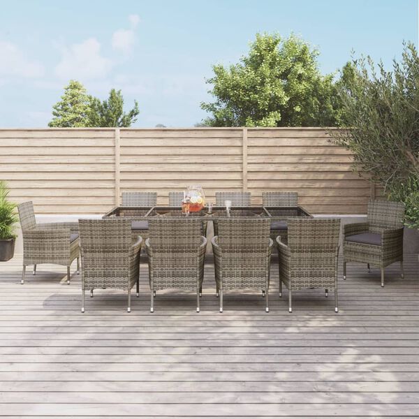 vidaXL 11 pcs conjunto jantar p/ jardim c/ almofad&otilde;es vime PE cinzento