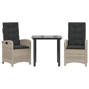 vidaXL 3 pcs conjunto de jantar p/ jardim c/ almofad&otilde;es cinzento claro