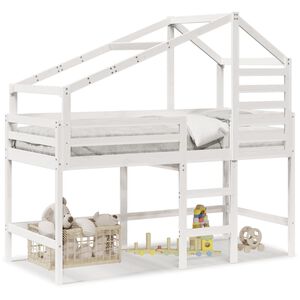 vidaXL Cama alta c/ escada e telhado 90x190 cm pinho maci&ccedil;o branco