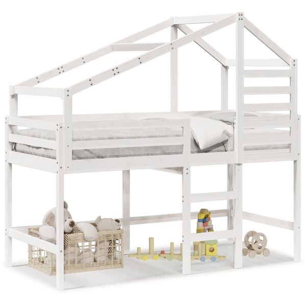vidaXL Cama alta c/ escada e telhado 90x190 cm pinho maci&ccedil;o branco