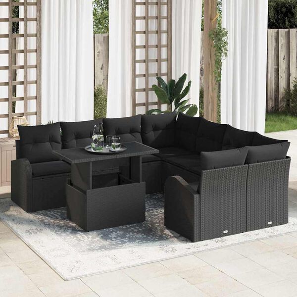 vidaXL Conjunto de Sof&aacute; de Jardim 9 pcs Preto vime PE