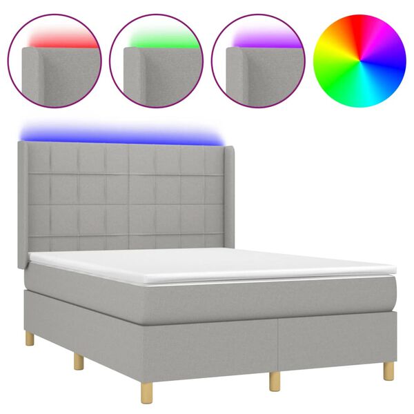 vidaXL Cama box spring c/ colch&atilde;o e LED 140x200 cm tecido cinza-claro