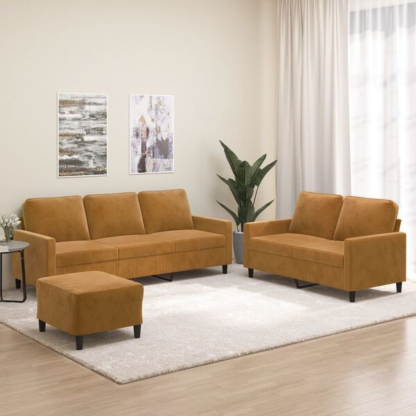vidaXL 3 pcs conjunto de sof&aacute;s com almofad&otilde;es veludo castanho