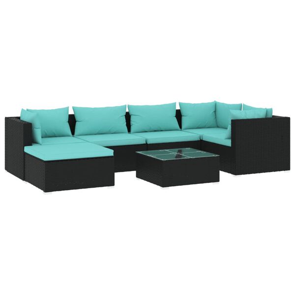 vidaXL 7 pcs conjunto lounge de jardim c/ almofad&otilde;es vime PE preto