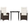 vidaXL 3 pcs conjunto jantar p/ jardim c/ almofad&otilde;es vime PE castanho