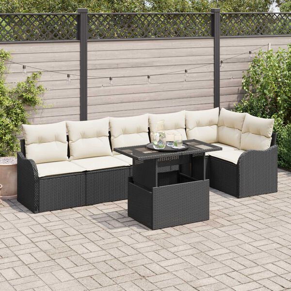 vidaXL Conjunto de Sof&aacute; de Jardim 7 pcs Preto Rattan de Polipropileno
