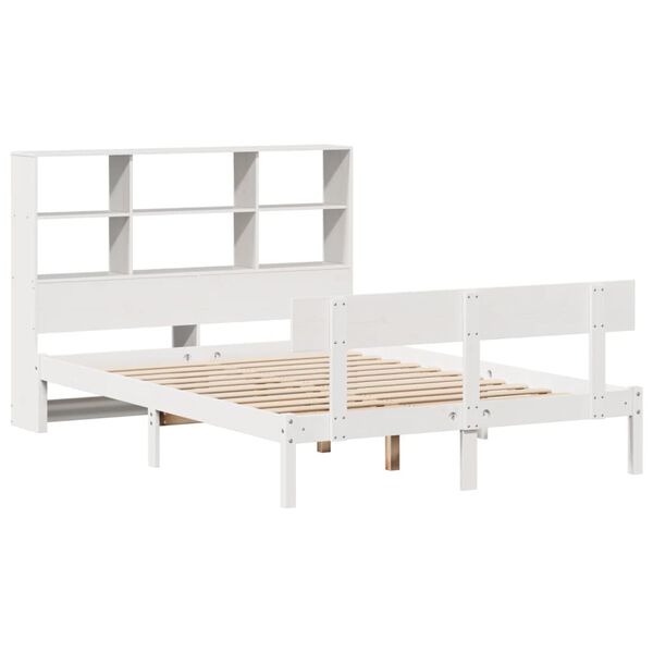 vidaXL Cama com estante sem colch&atilde;o 140x190 cm pinho maci&ccedil;o branco