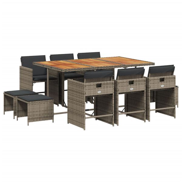 vidaXL 11 pcs conjunto jantar p/ jardim c/ almofad&otilde;es vime PE cinzento