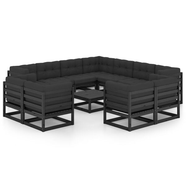 vidaXL 12 pcs conjunto lounge jardim c/ almofad&otilde;es pinho maci&ccedil;o preto