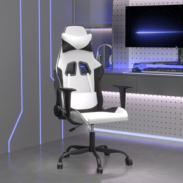 vidaXL Cadeira gaming massagens couro artificial branco e preto