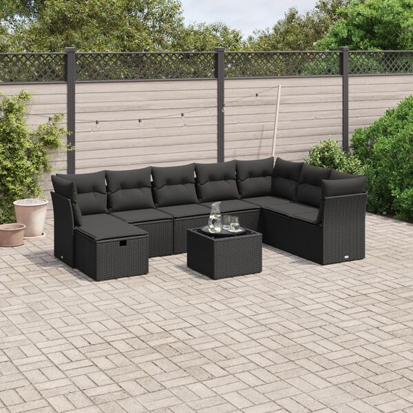 vidaXL 9 pcs conjunto de sof&aacute;s p/ jardim c/ almofad&otilde;es vime PE preto