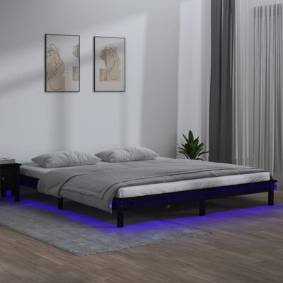 vidaXL Estrutura cama casal c/ LEDs 135x190 cm madeira maciça preto