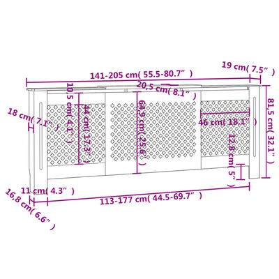 vidaXL Cobertura de radiador MDF 205 cm preto