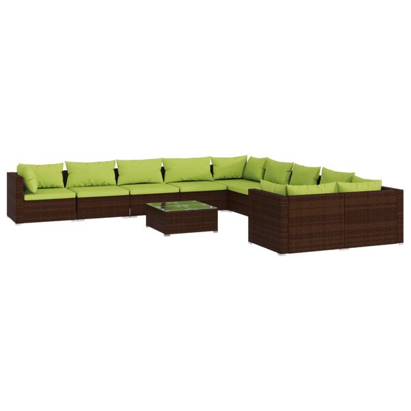 vidaXL 11 pcs conjunto lounge jardim c/ almofad&otilde;es vime PE castanho