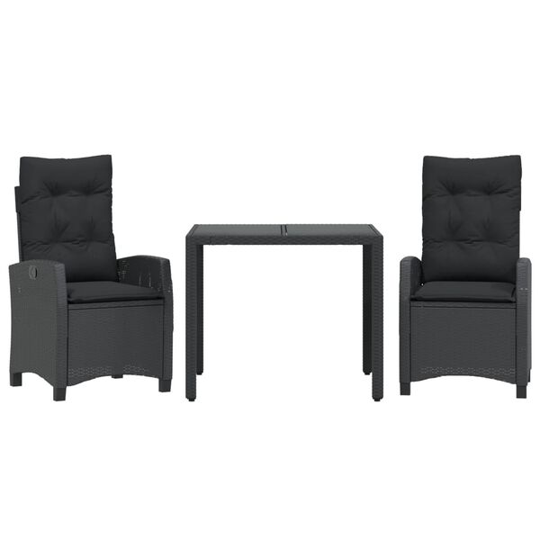 vidaXL 3 pcs conjunto de jantar p/ jardim c/ almofad&otilde;es vime PE preto