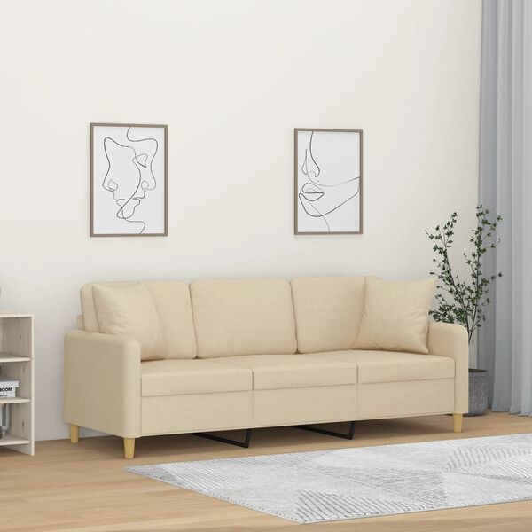 vidaXL Sof&aacute; 3 lugares + almofadas decorativas 180 cm tecido cor creme