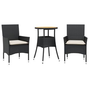 vidaXL 3 pcs conjunto jantar jardim c/ almofad&otilde;es vime PE/ac&aacute;cia preto