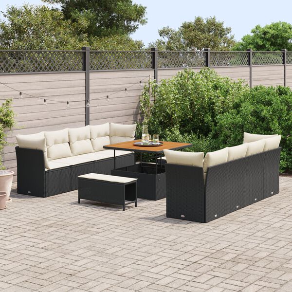 vidaXL Conjunto de Sof&aacute; de Jardim 11 pcs Preto e Creme vime PE