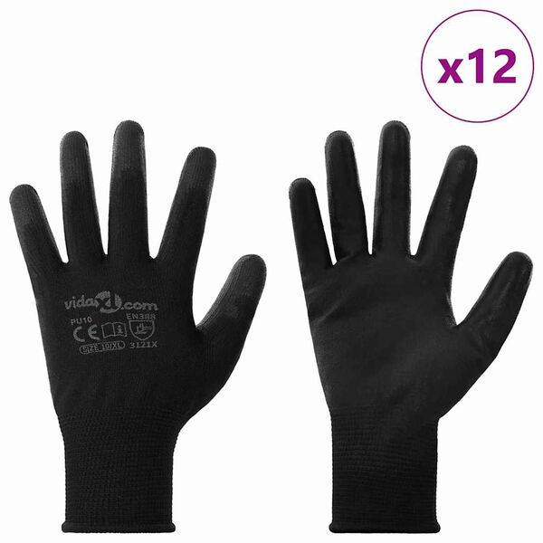 vidaXL Luvas de Trabalho 12 pcs Preto 10 / xl Poli&eacute;ster