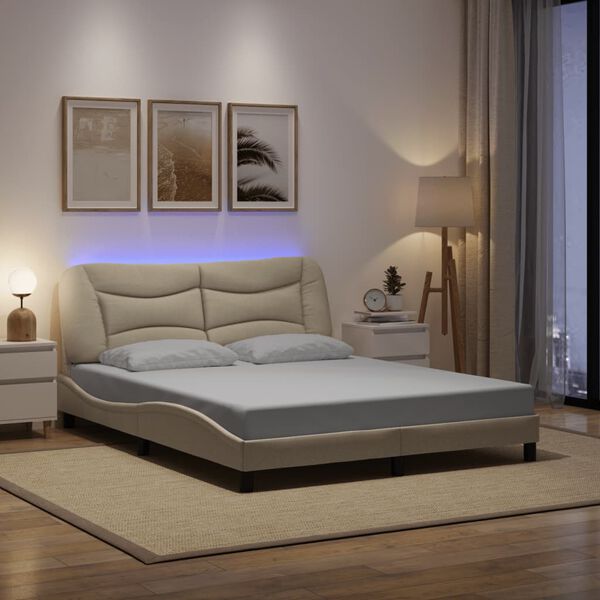 vidaXL Estrutura de cama com LED sem colch&atilde;o Hvar 160x200 cm tecido creme