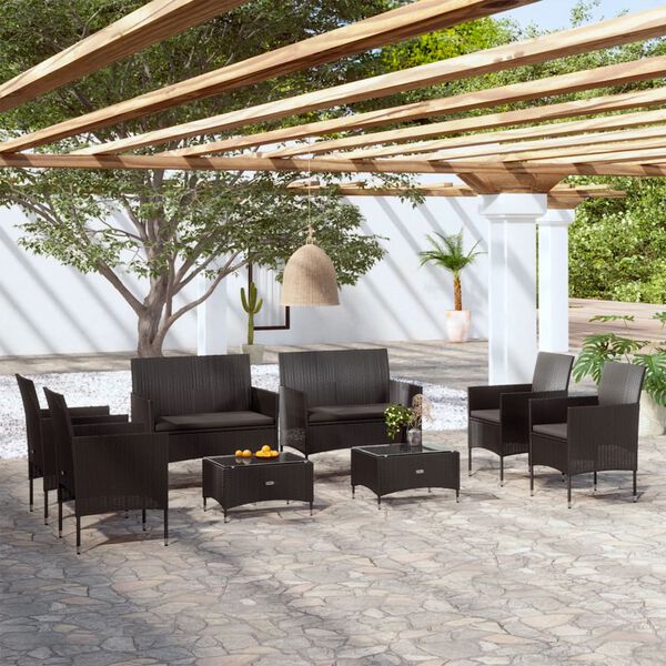 vidaXL 8 pcs conjunto lounge de jardim c/ almofad&otilde;es vime PE preto