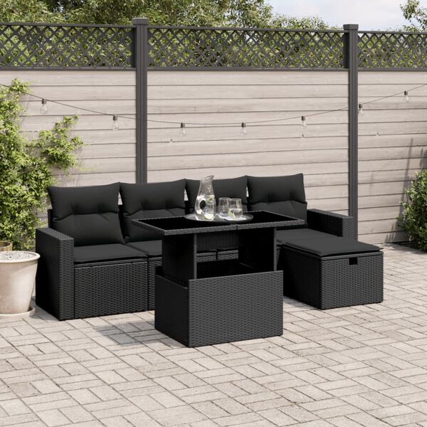 vidaXL 6 pcs conjunto sof&aacute;s de jardim c/ almofad&otilde;es vime PE preto