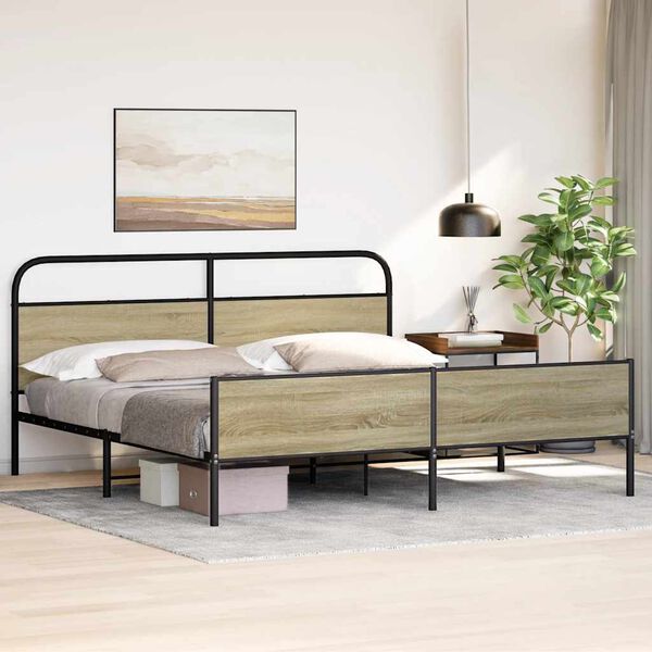 vidaXL Estrutura de cama sem colch&atilde;o 200x200cm metal carvalho sonoma