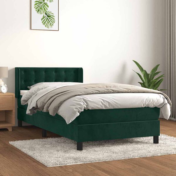 vidaXL Cama com molas/colch&atilde;o 90x200 cm veludo verde-escuro