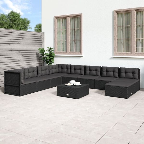 vidaXL 9 pcs conjunto lounge de jardim c/ almofad&otilde;es vime PE preto