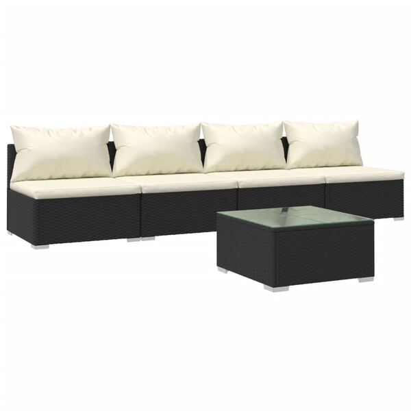 vidaXL 5 pcs conjunto lounge de jardim c/ almofad&otilde;es vime PE preto