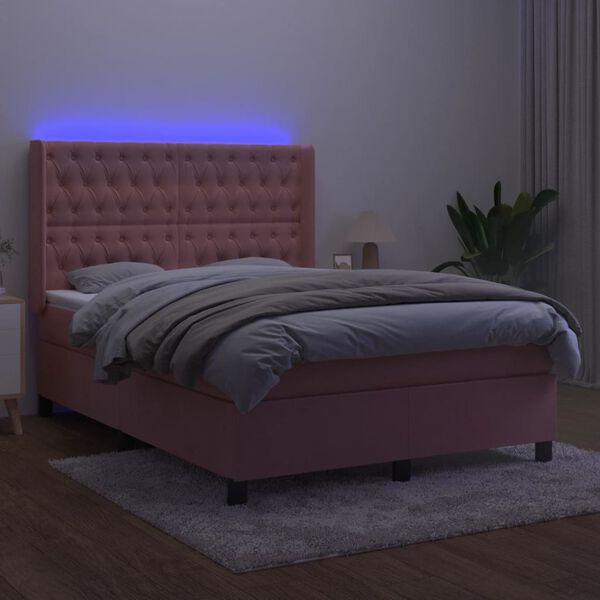 vidaXL Cama box spring c/ colch&atilde;o/LED 140x190 cm veludo rosa
