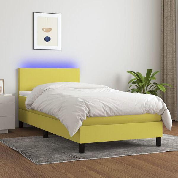 vidaXL Cama box spring c/ colch&atilde;o e LED 90x200 cm tecido verde