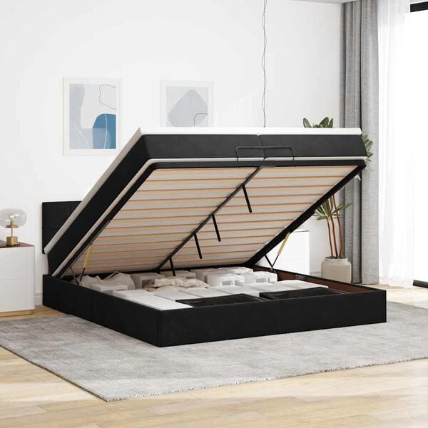 vidaXL Estrutura de cama otomana com colch&atilde;o 200x200 cm veludo preto