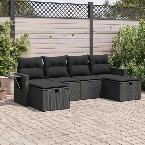 vidaXL 6 pcs conjunto sof&aacute;s de jardim c/ almofad&otilde;es vime PE preto