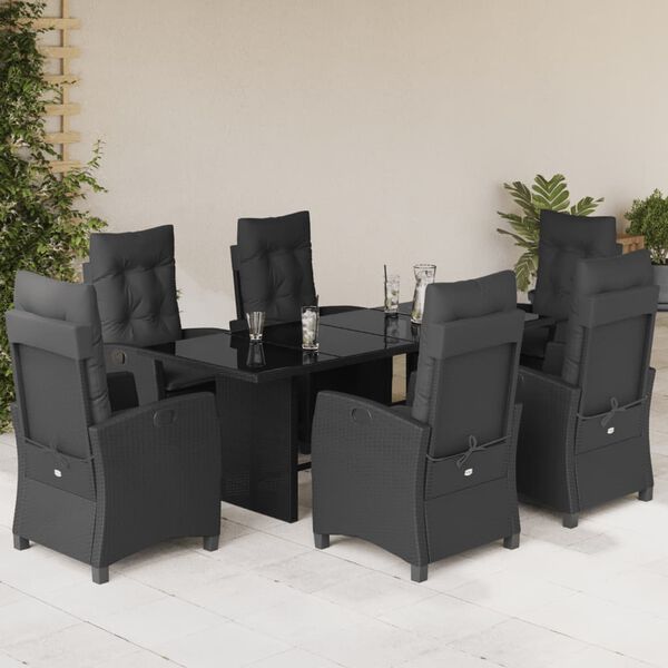 vidaXL 7 pcs conjunto de jantar p/ jardim c/ almofad&otilde;es vime PE preto