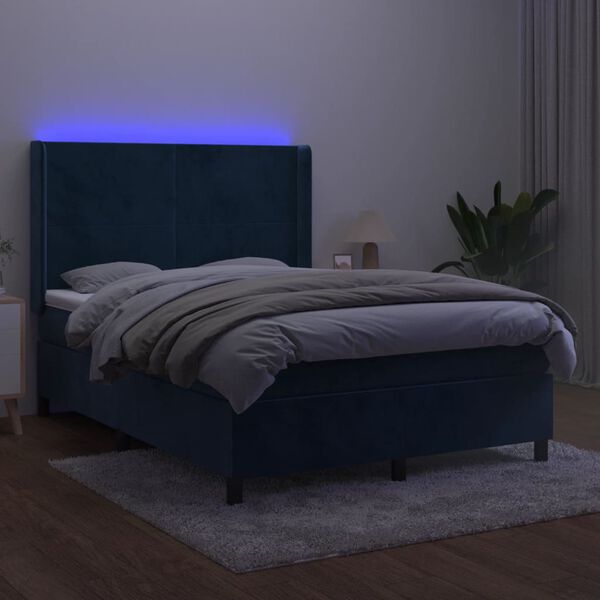 vidaXL Cama box spring c/ colch&atilde;o/LED 140x190 cm veludo azul-escuro