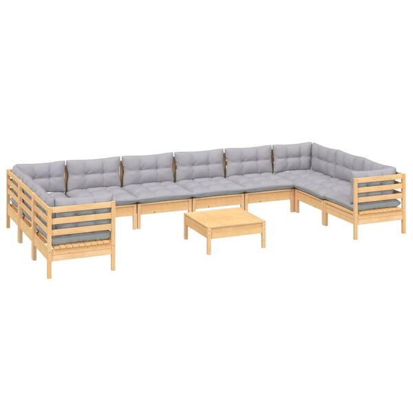 vidaXL 11 pcs conjunto lounge de jardim c/ almofad&otilde;es cinzentos pinho