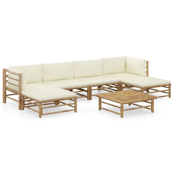 vidaXL 7 pcs conj. lounge p/ jardim em bambu c/ almofadões branco nata
