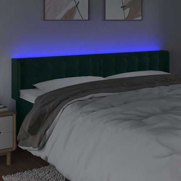 vidaXL Cabeceira cama c/ luzes LED veludo 203x16x78/88 cm verde-escuro