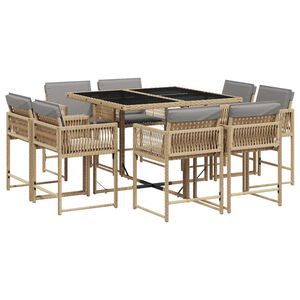 vidaXL 9 pcs conj. jantar jardim c/ almofad&otilde;es vime PE bege misturado