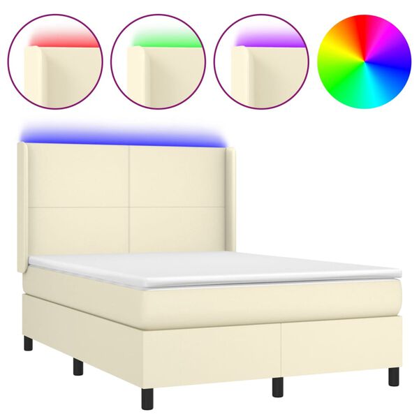 vidaXL Cama box spring c/ colch&atilde;o/LED 140x190cm couro artificial creme