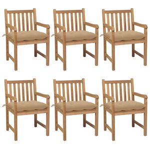 vidaXL Cadeiras de jardim c/ almofad&otilde;es beges 6 pcs teca maci&ccedil;a
