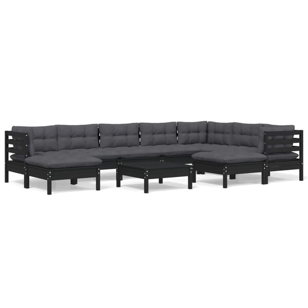 vidaXL 10 pcs conjunto lounge jardim c/ almofad&otilde;es pinho maci&ccedil;o preto