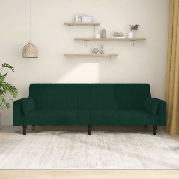 vidaXL Sofá-cama 2 lugares com duas almofadas veludo verde-escuro